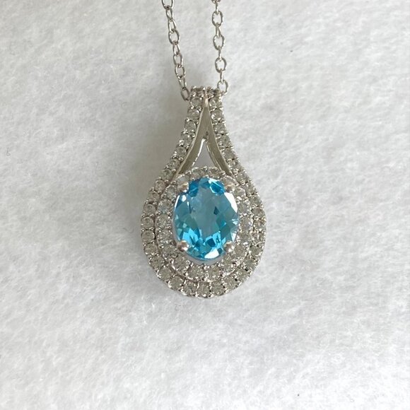 Sterling Silver 925 P☆M Oval Blue Topaz White Topaz Double Halo Pendant Necklace - Picture 12 of 16